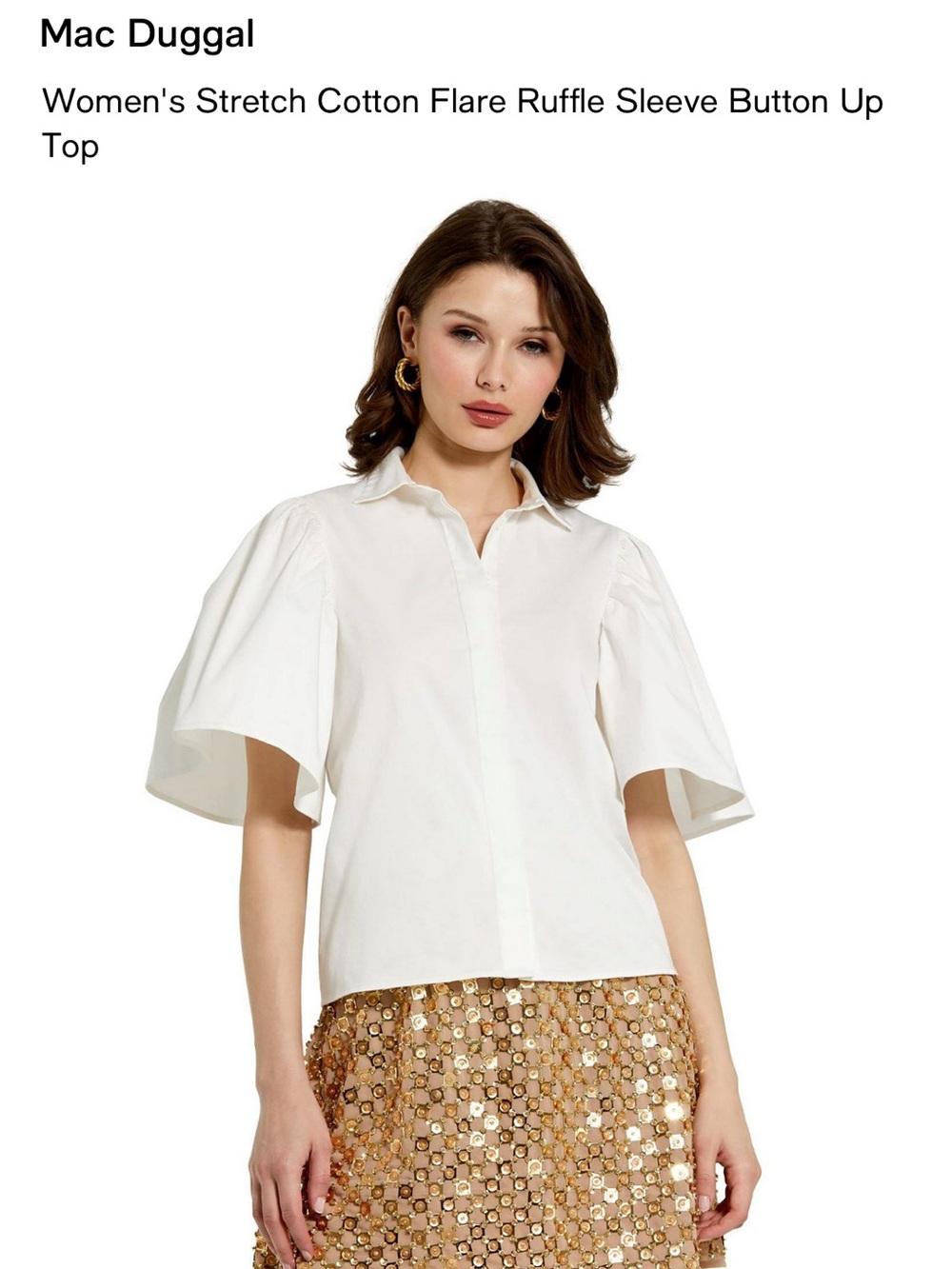 Mac Duggal White Stretch Cotton Ruffle Sleeve Button-Down Top